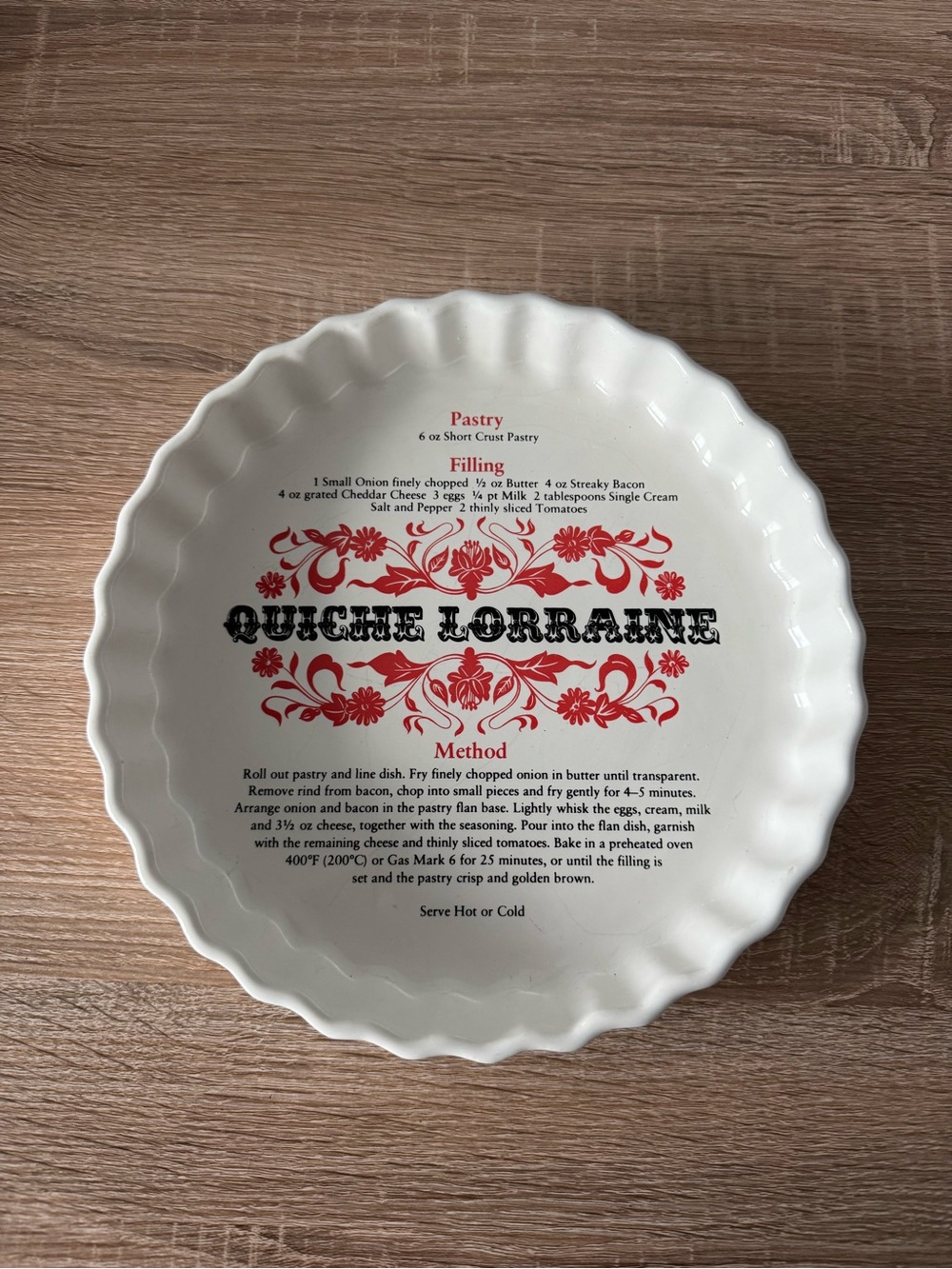 Quiche Lorraine Ceramic Baking Dish with Recipe White RARE VTG Made in England